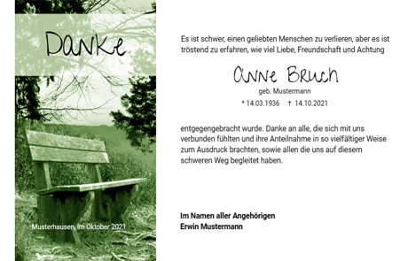 Trauer Danksagungskarte "Bank am Waldrand"